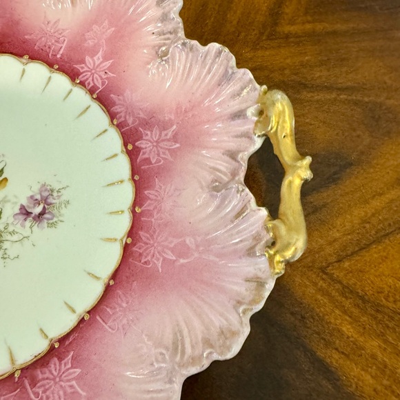 Antique Pink Floral Porcelain Decorative Cake Plate with Handles 12” - Picture 6 of 12